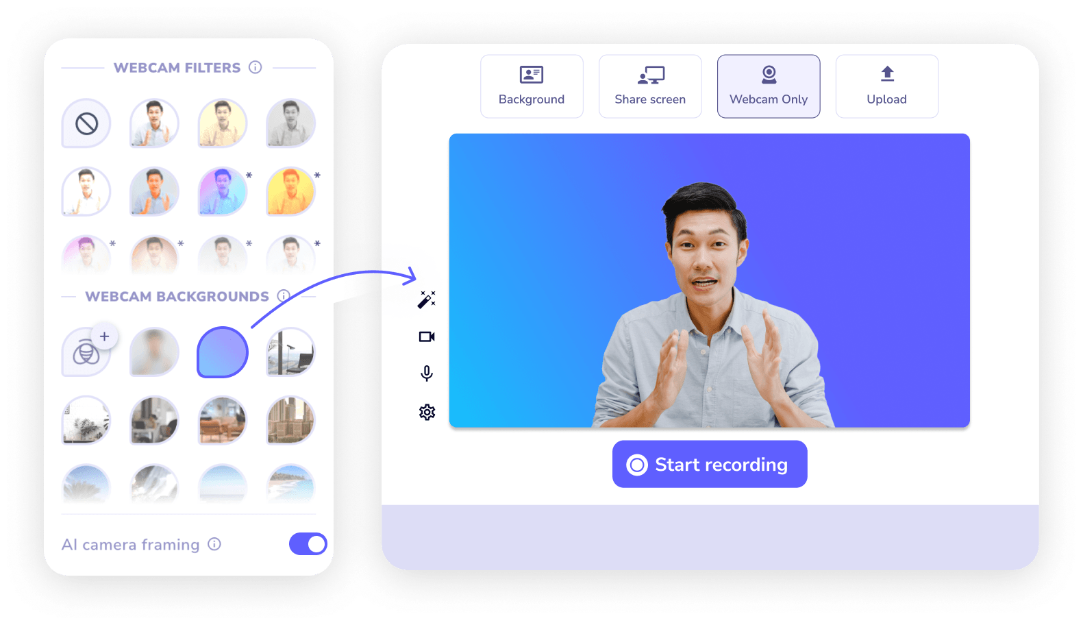 Create how-to videos with webcam, filters, screen share, and video upload.