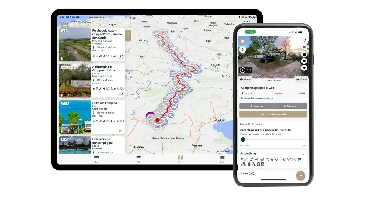Camping App Ansicht auf dem Tablet und dem iPhone