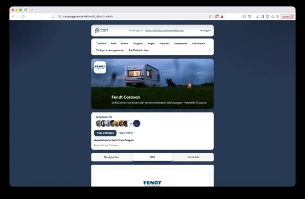Screenshot des Fendt-Caravan-Clubs in der Webversion der Camping App Social.