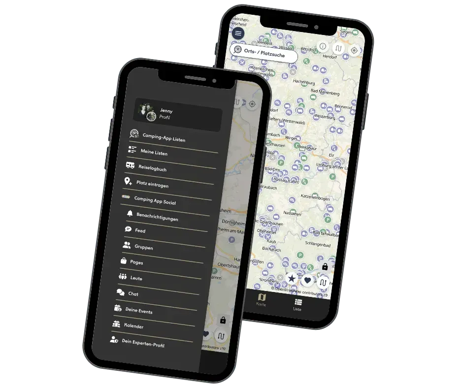 Camping App Menü- und Karten-Ansicht auf dem Smartphone