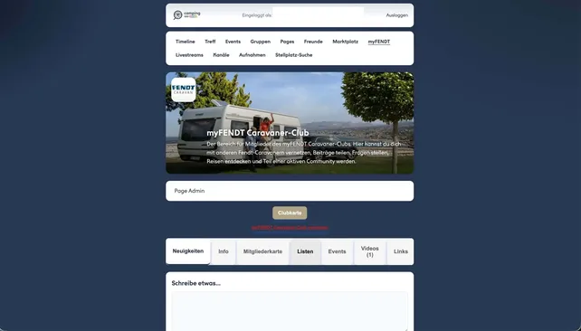 Screenshot des Fendt-Caravan-Clubs in der Webversion der Camping App Social.