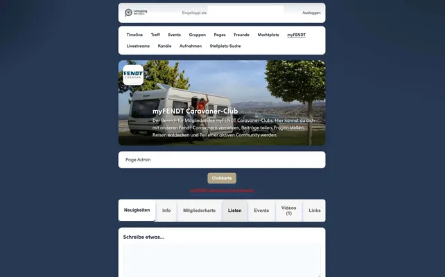 Screenshot des Fendt-Caravan-Clubs in der Webversion der Camping App Social.