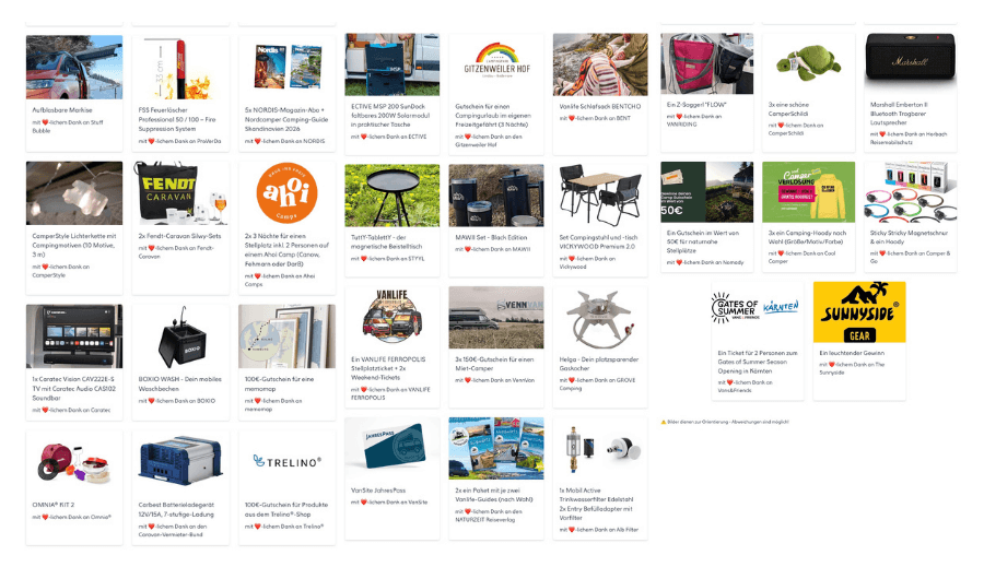 Beim Camping App Social Gewinnspiel zur CMT 2026 konnte man diese vielen tollen Preise gewinnen