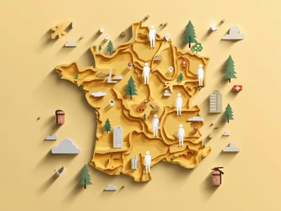 Square 1_1 digital paper-cut layered illustration, stylized map of France with smooth layered shapes, silhouettes of professional trainers traveling nationwide, clean white cutout characters, location pins.jpg