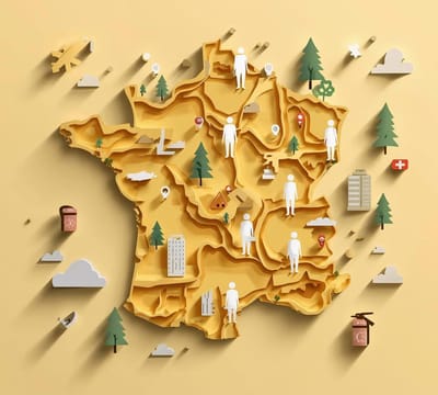 Square 1_1 digital paper-cut layered illustration, stylized map of France with smooth layered shapes, silhouettes of professional trainers traveling nationwide, clean white cutout characters, location pins.jpg