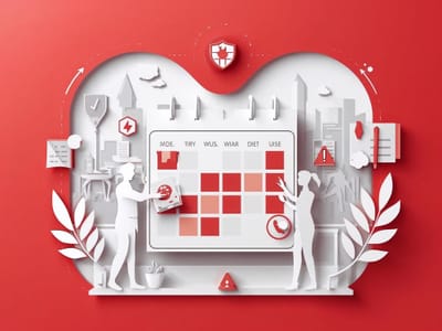 1_1 square, premium digital paper-cut layered illustration, corporate planning scene with a large calendar in the center, silhouettes of professionals selecting a date and coordinating schedules with a tab.jpg