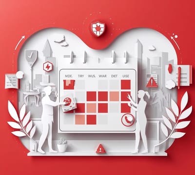 1_1 square, premium digital paper-cut layered illustration, corporate planning scene with a large calendar in the center, silhouettes of professionals selecting a date and coordinating schedules with a tab.jpg