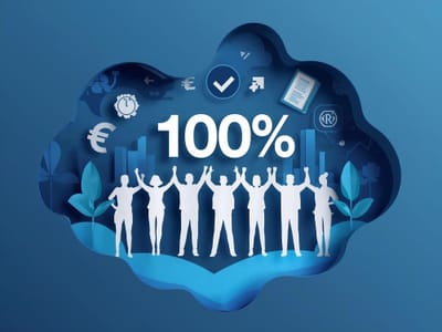 Square 1_1, digital paper-cut layered illustration, silhouettes of professionals celebrating total training funding, clean white cutout characters with soft shadows, large “100%” symbol central, deep profe.jpg