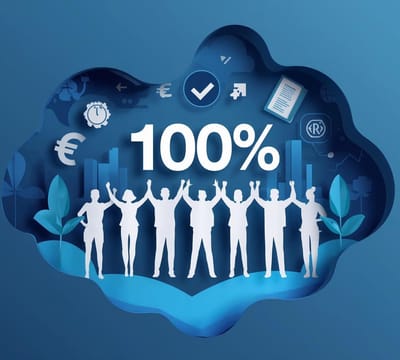 Square 1_1, digital paper-cut layered illustration, silhouettes of professionals celebrating total training funding, clean white cutout characters with soft shadows, large “100%” symbol central, deep profe.jpg