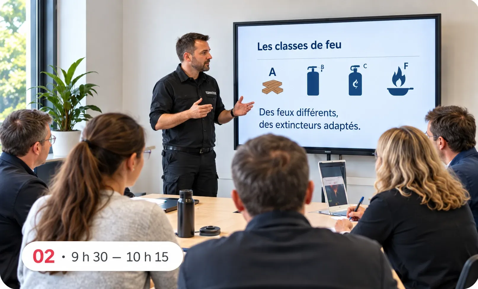Le formateur présente les classes de feu devant les participants