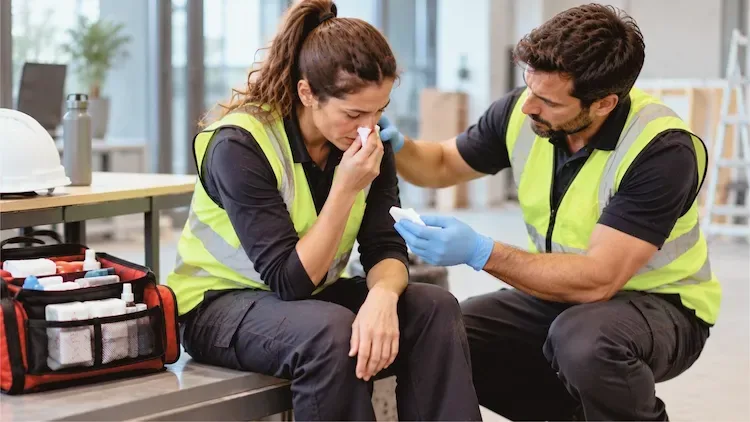 Une salariée comprime un saignement de nez avec une compresse, assistée par un collègue équipé de gants de secours