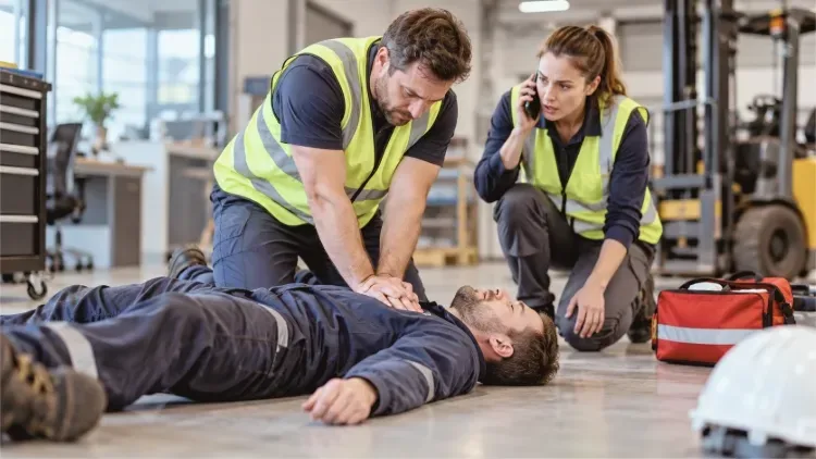 Deux salariés en gilet de sécurité portent secours à un collègue inconscient au sol : l'un examine la victime, l'autre alerte les secours au téléphone