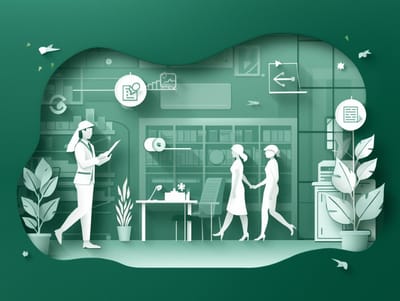 1_1 square, digital paper-cut artistic style, silhouettes of a safety trainer and employees walking together through the workplace, trainer holding a tablet and pointing toward a workstation, deep emerald .jpg