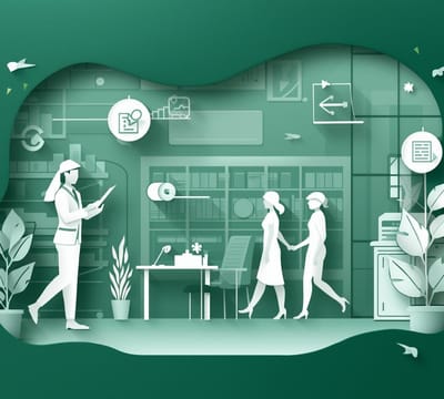1_1 square, digital paper-cut artistic style, silhouettes of a safety trainer and employees walking together through the workplace, trainer holding a tablet and pointing toward a workstation, deep emerald .jpg