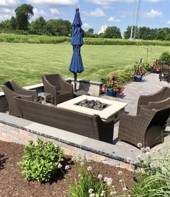 fireplace and chairs outdoor patio