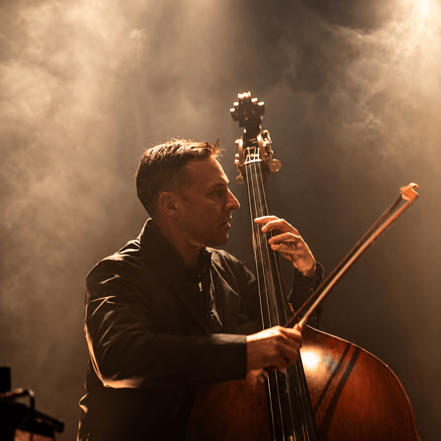 Double bassist in amber stage haze.png