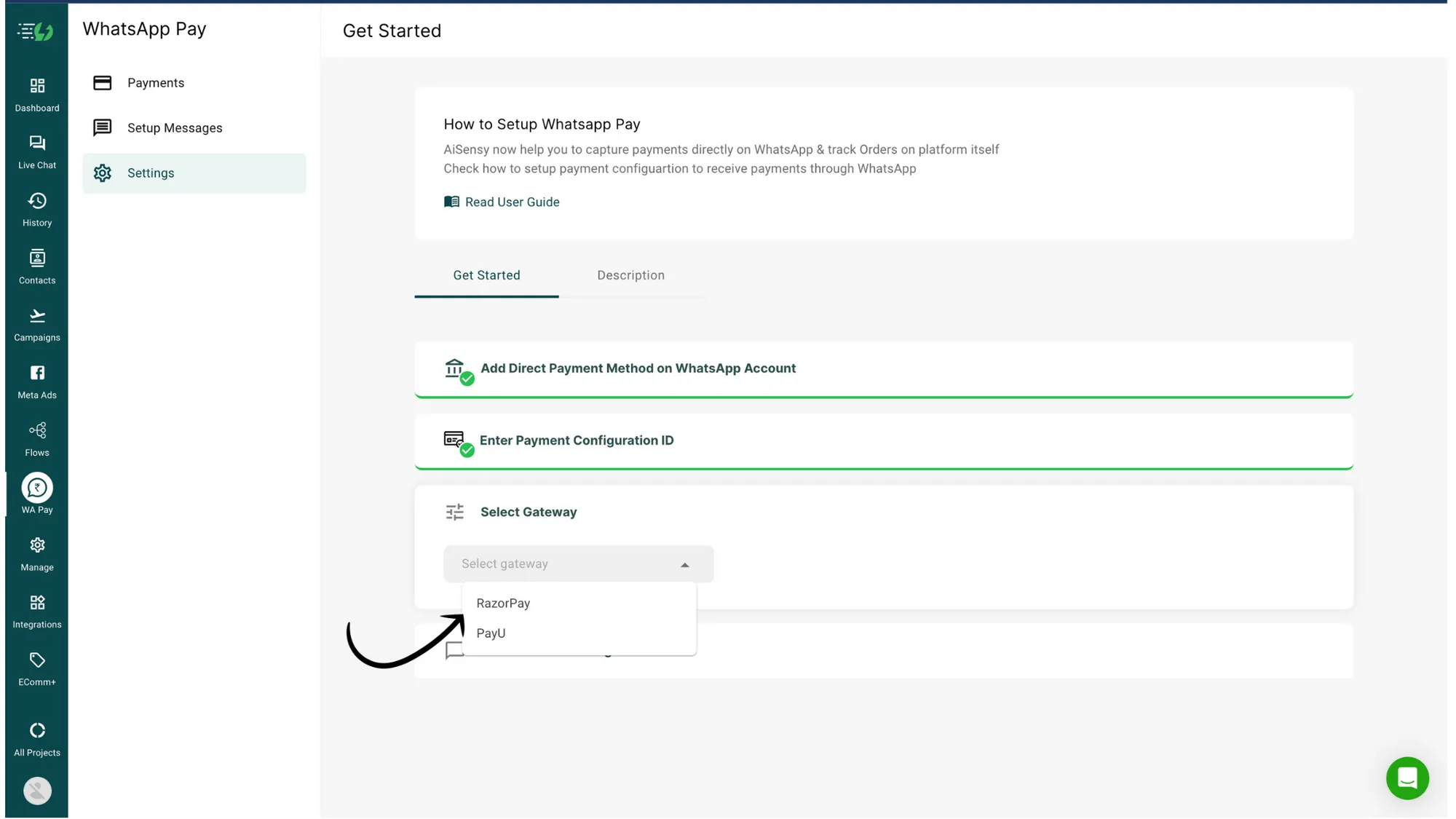 12 Next, select the payment gateway you wish to connect with AiSensy.webp