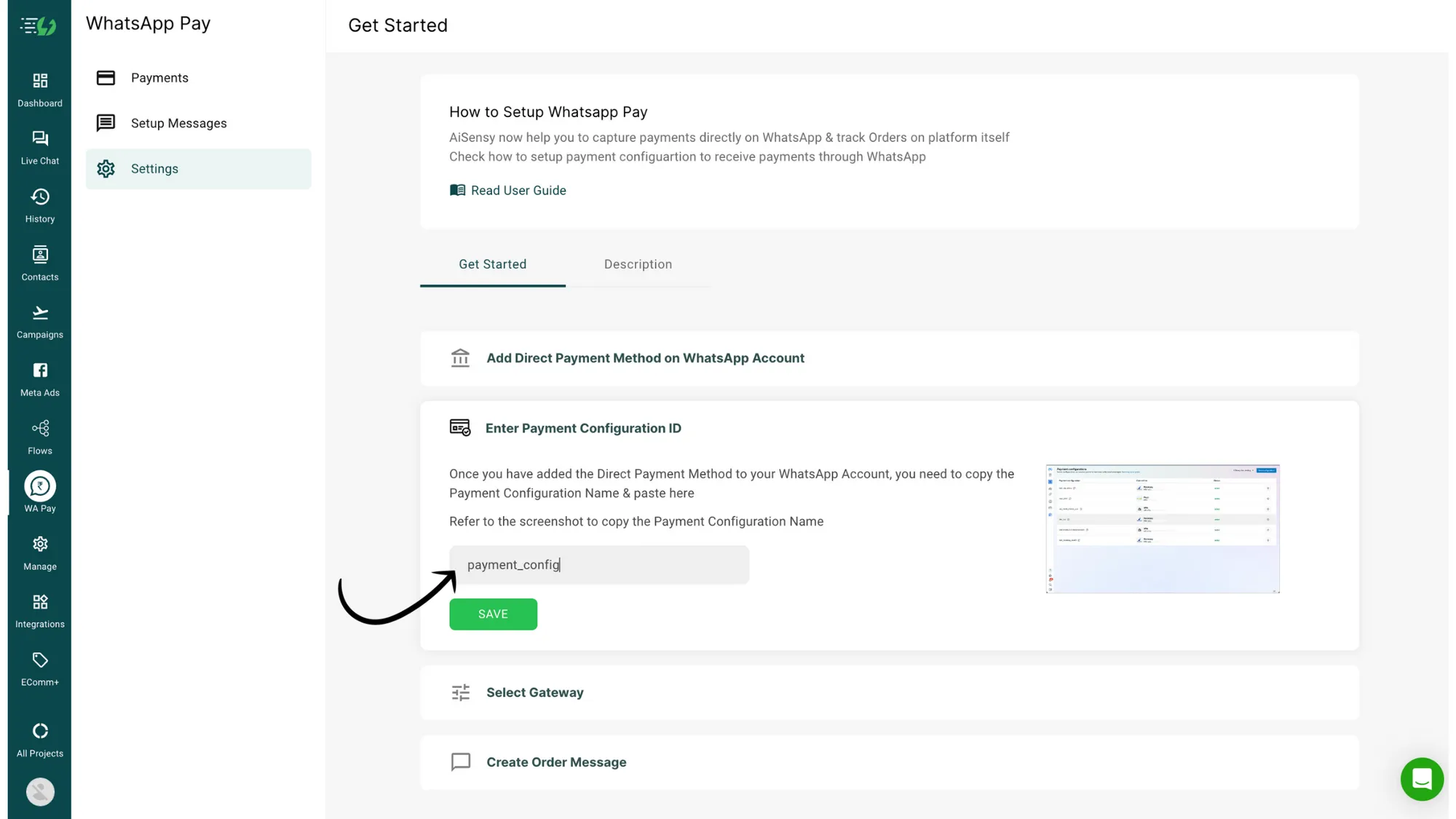 11 Come back to AiSensy Dashboard, enter the Payment Configuration ID and press Save.webp