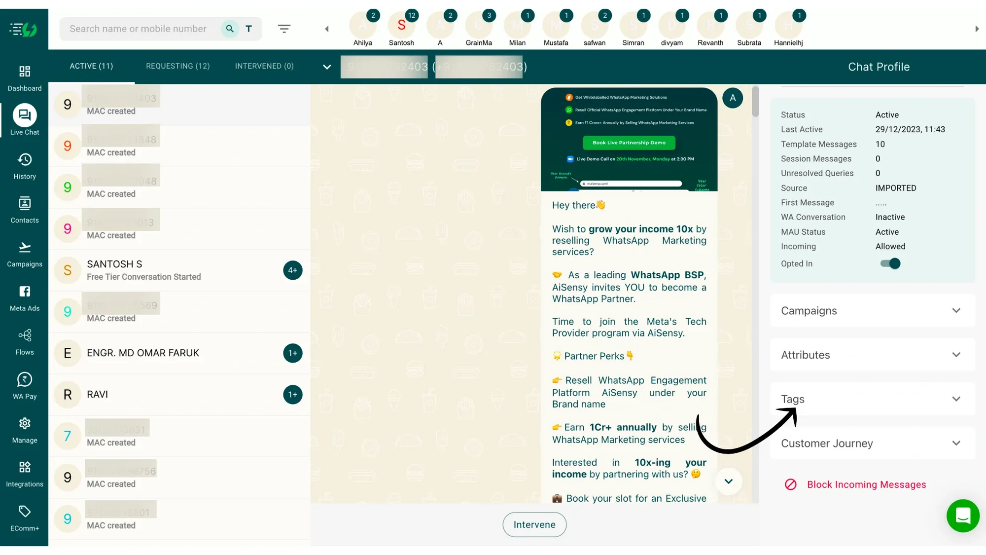 1 In Live Chat, go to the Contact for whom you wish to change a tag.webp