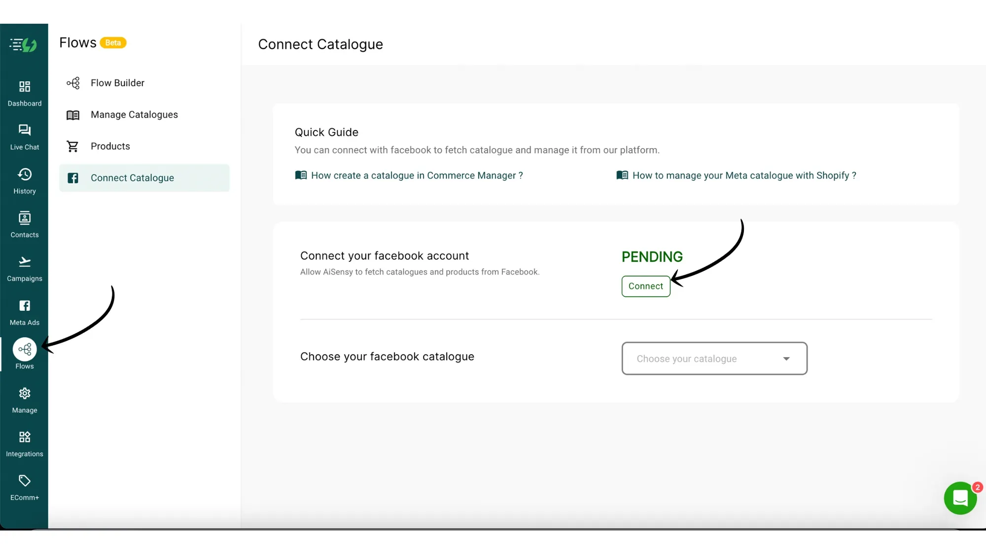 2. Go to Flows & connect your Facebook Business Account.webp
