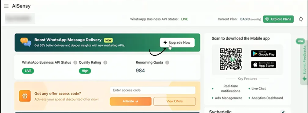 Step 1 - Click Upgrade now in AiSensy dashboard.webp