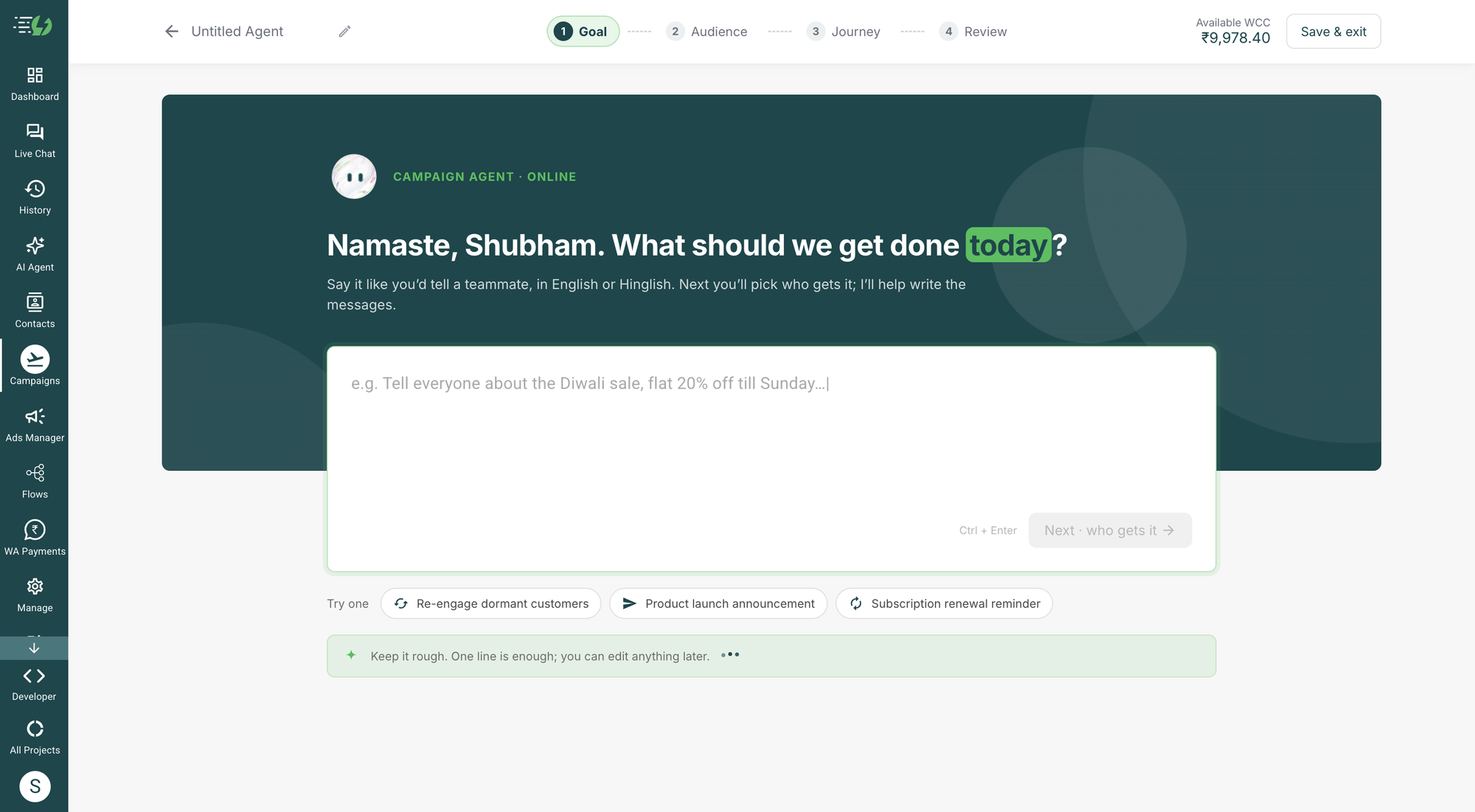 Describe a WhatsApp marketing goal to create a campaign journey with AiSensy Campaign Agent