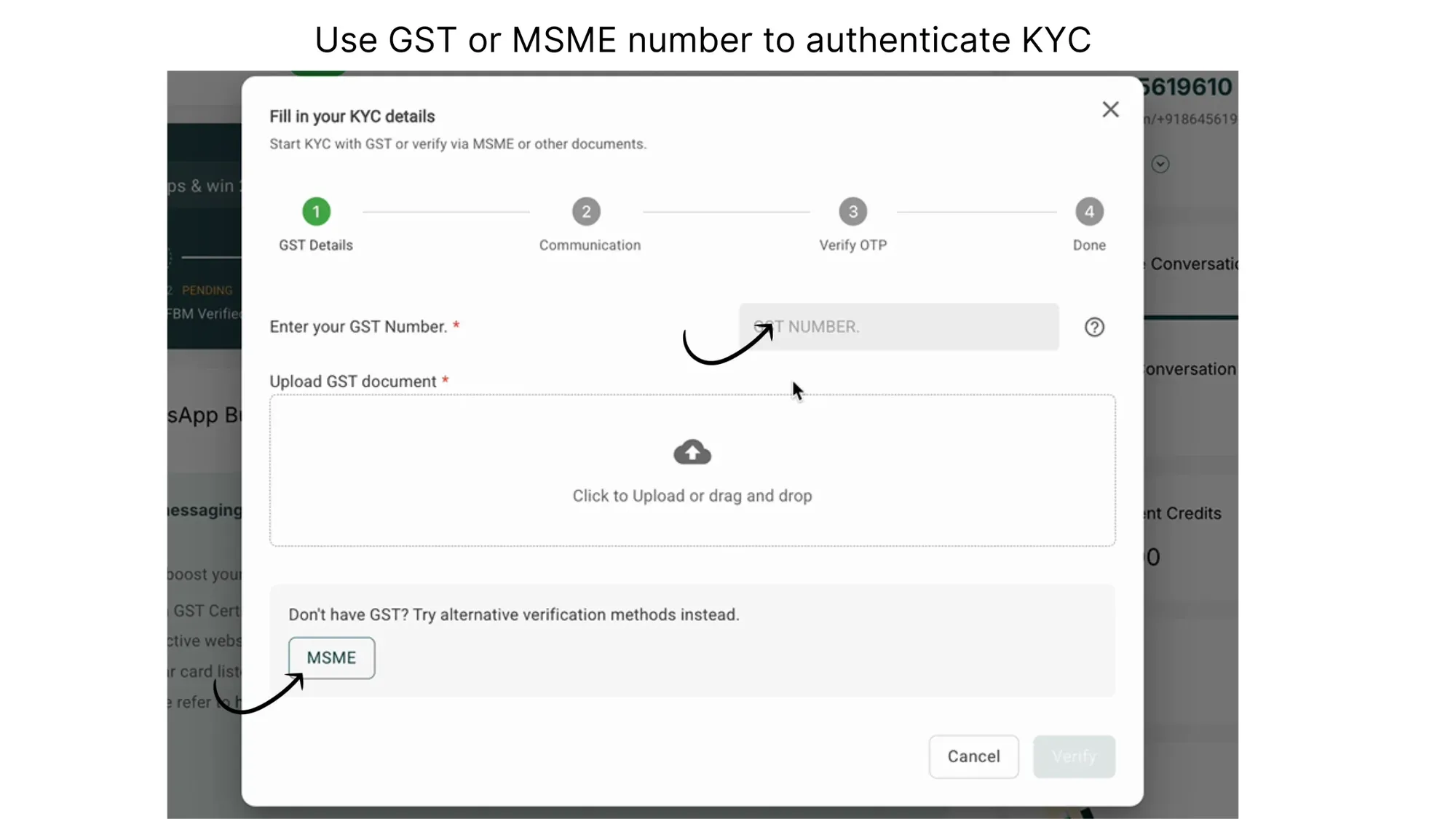 2. Use either your GST number and GST document or use your MSME number to verify KYC.webp