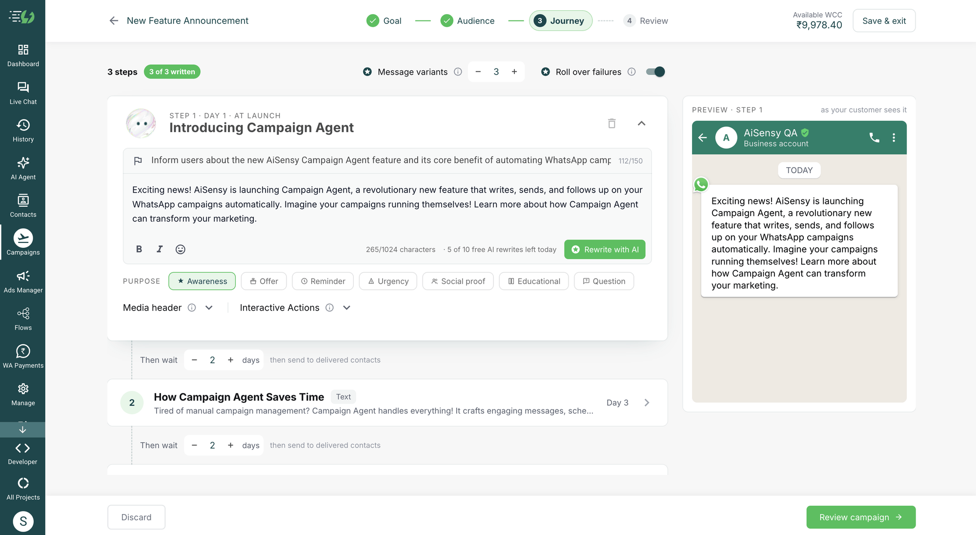 Review and edit AI-generated WhatsApp campaign steps, message variants and wait times
