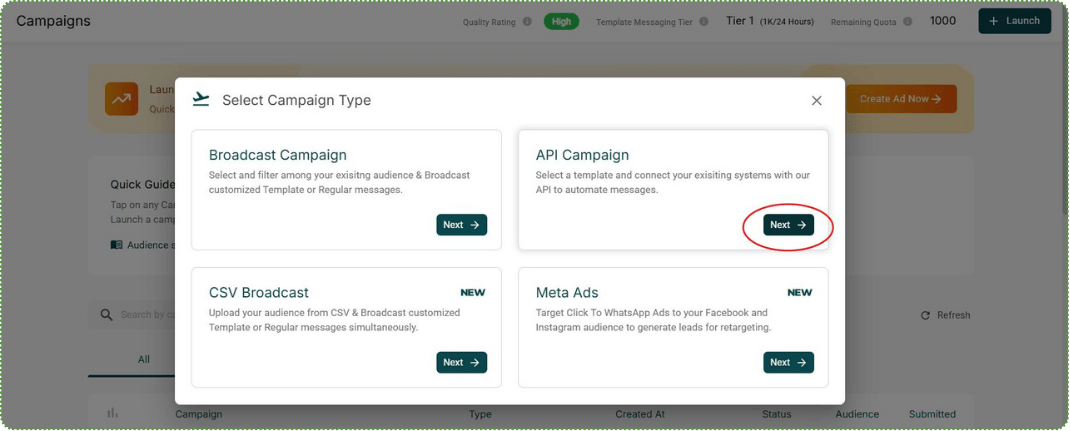 Click on Launch and select API Campaign.png