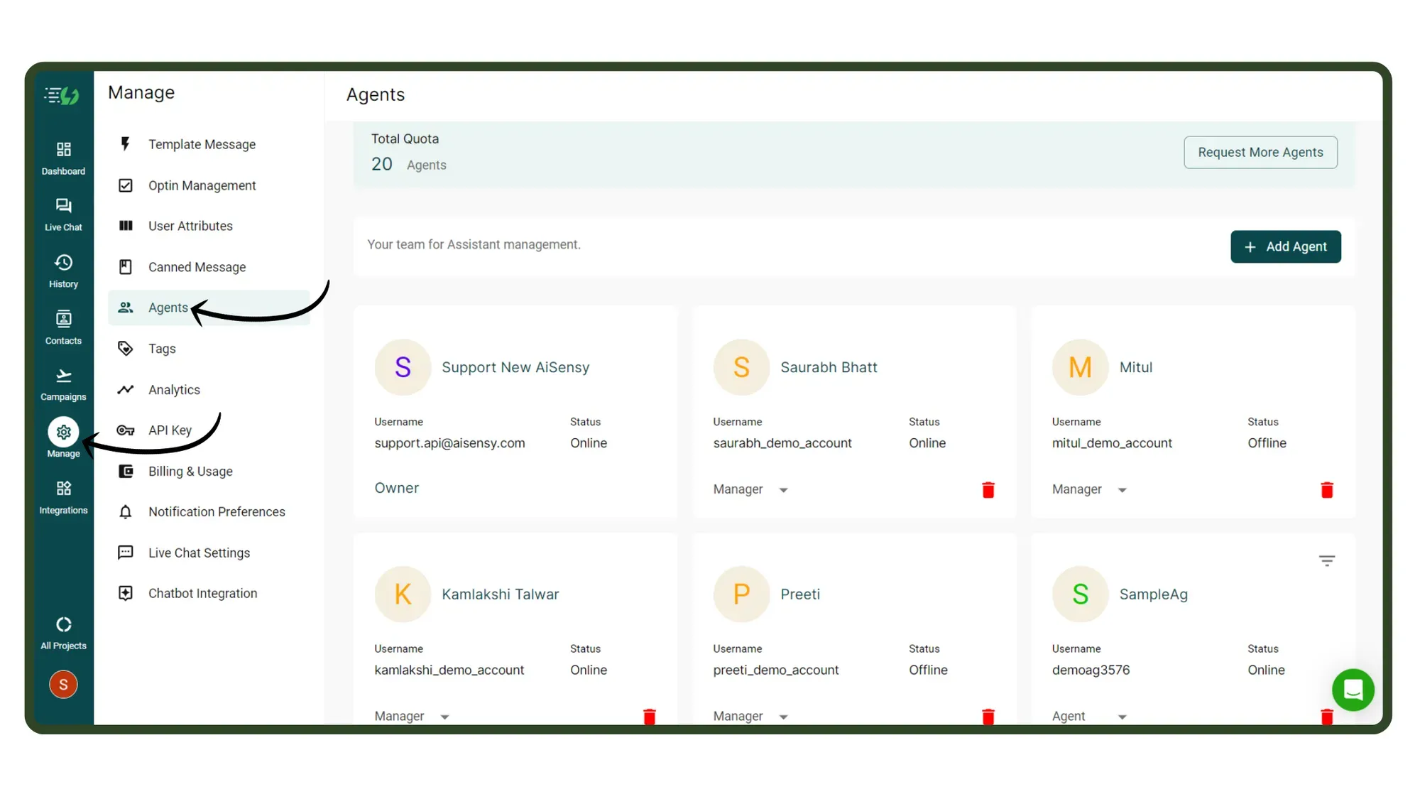 1 Go to Manage and click on the Agents section.webp
