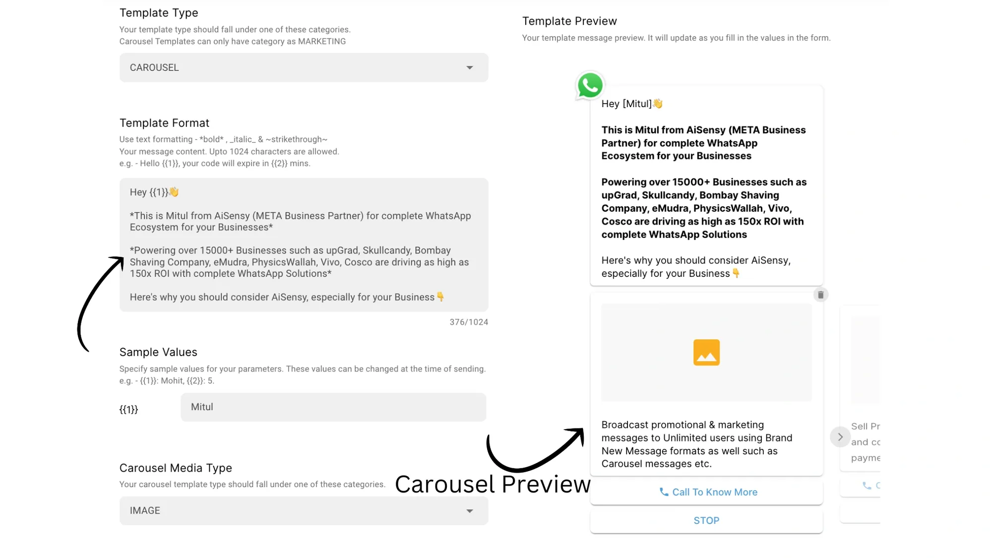8. Enter content for your Carousel WhatsApp Template under Template Format.webp