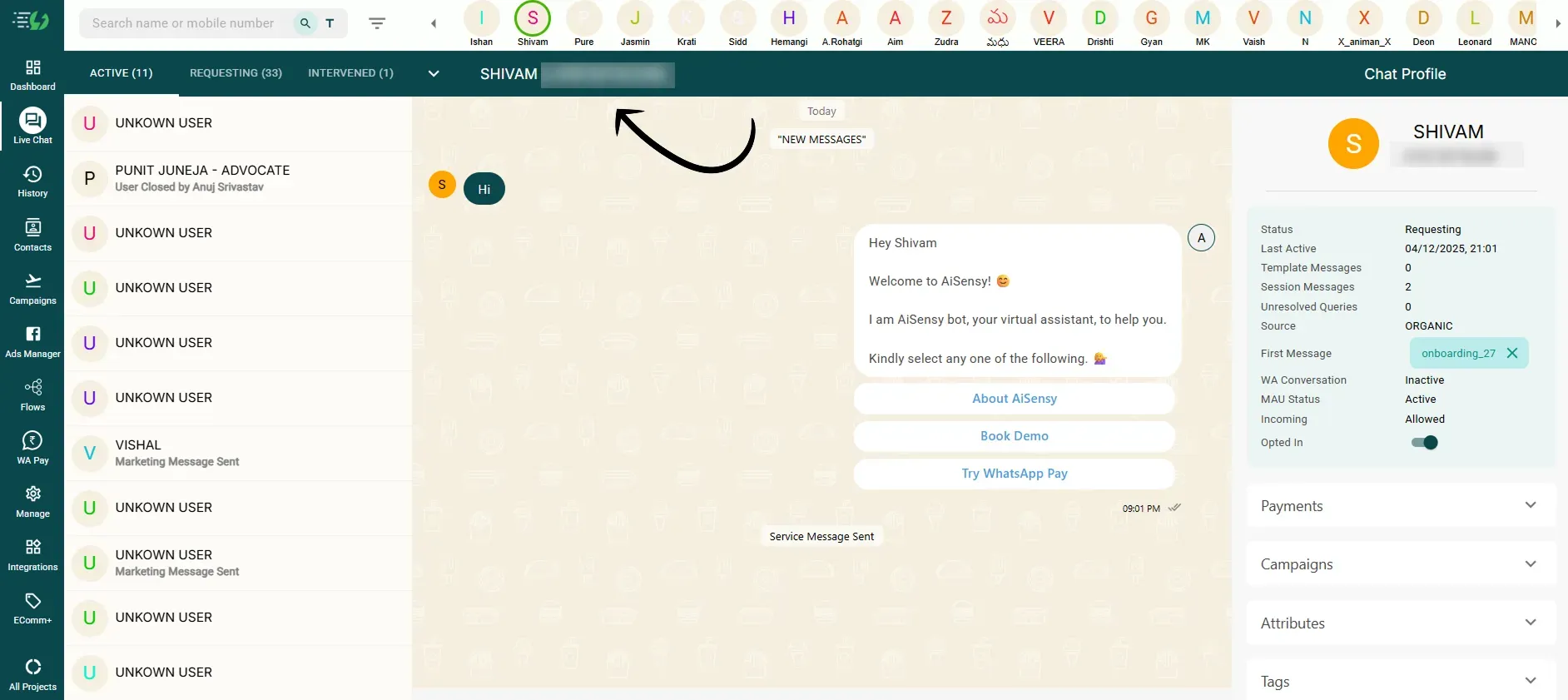 Go to Live Chat and select the user you wish to send the payment message.webp