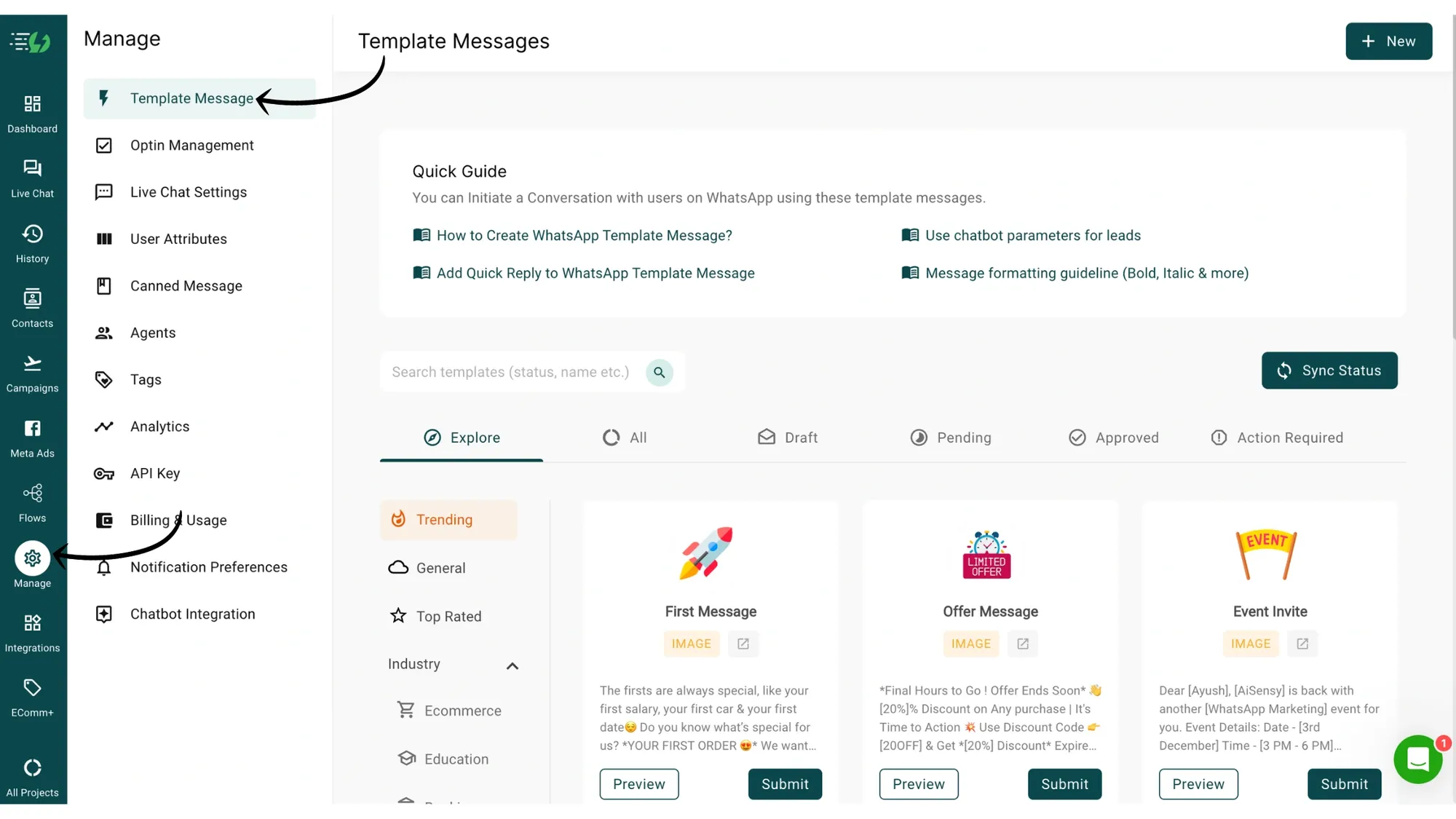 1. Go to Manage and Tap on Template Message.webp