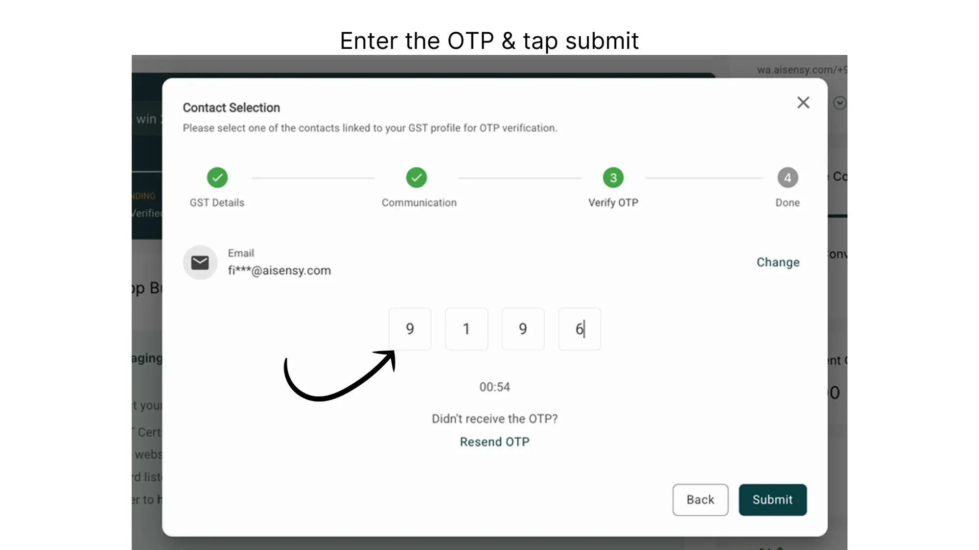 4. Enter the OTP and press Submit.webp