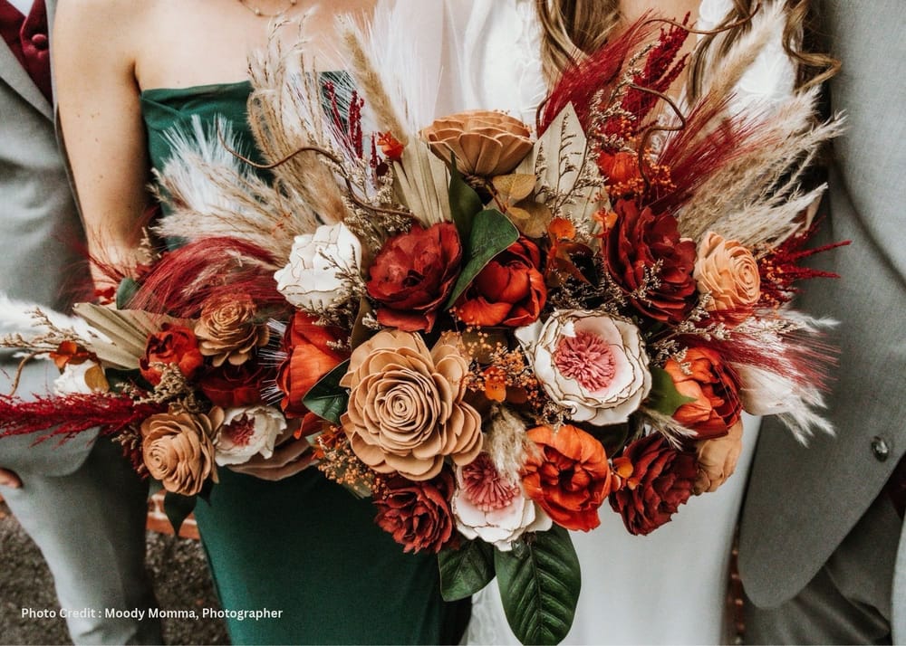 Custom burgundy, rust and ivory sola wood wedding bouquet for a Frederick, Maryland wedding
