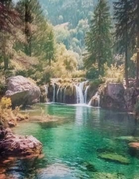 illustration d'une cascade entourée de sapins