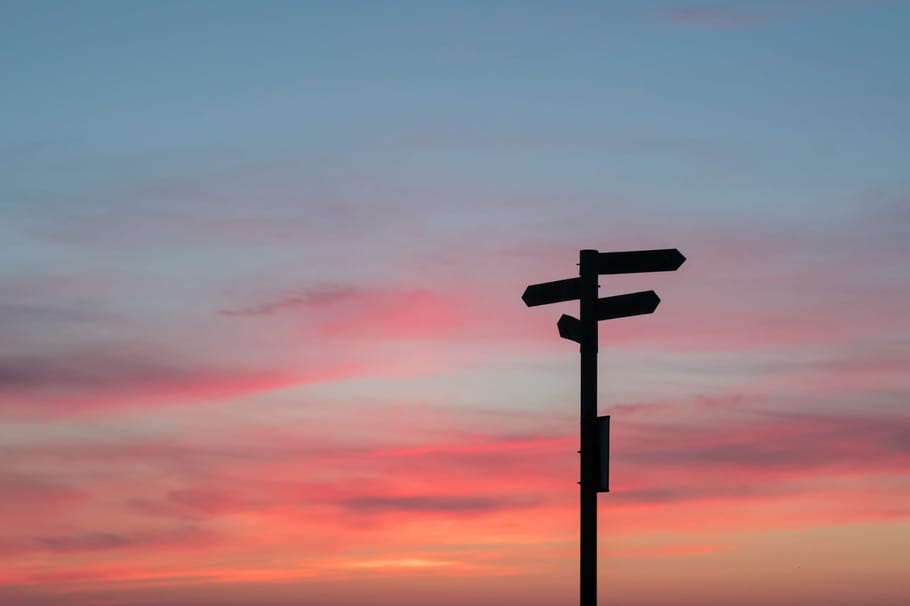 silhouette de panneaux de directions, sur fond de soleil couchant