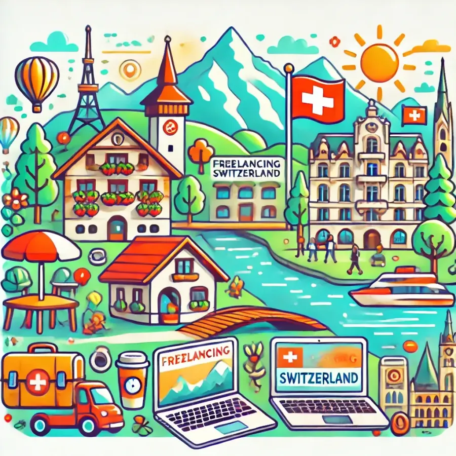 DALL·E 2025-03-04 11.56.39 - A clear and inviting illustration for a blog post about freelancing in Switzerland. Include iconic Swiss elements such as mountains, lakes, and tradit.webp