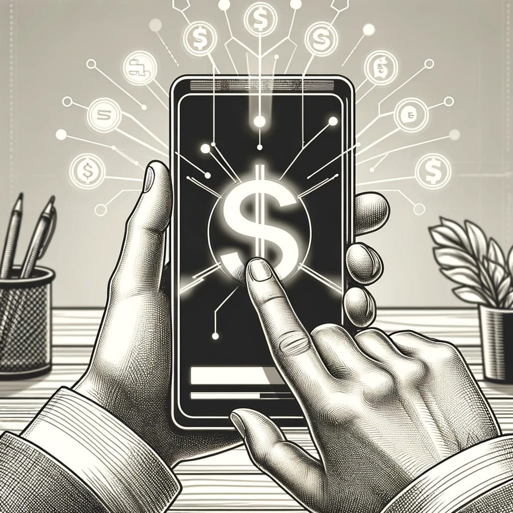 DALL·E 2024-02-28 15.11.05 - Create an image in a line drawing style, monochrome, that shows hands interacting with a mobile device displaying a dollar sign, symbolizing financial.jpg