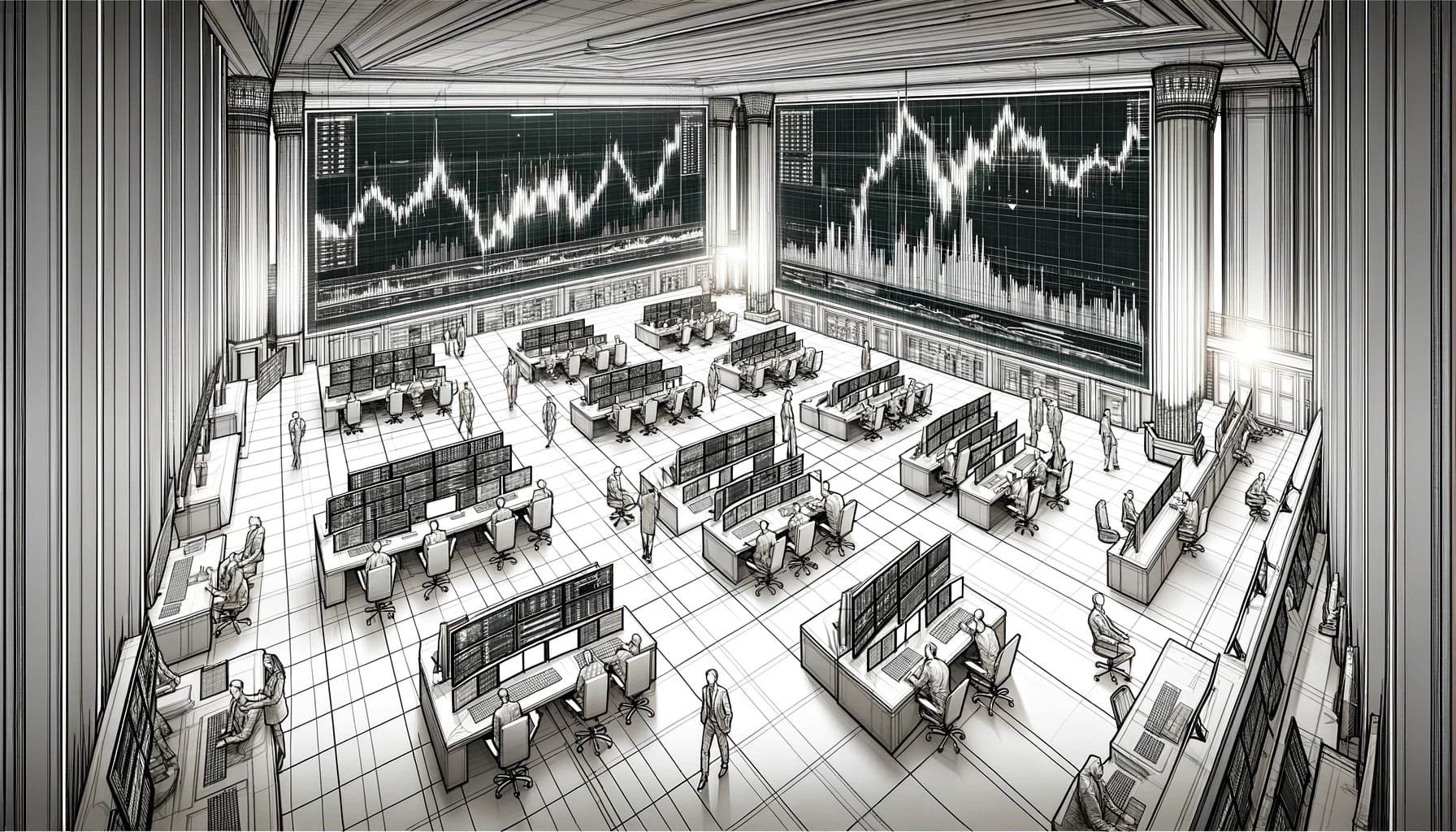 DALL·E 2024-03-05 15.08.38 - A monochrome line drawing of an expansive, high-tech financial trading floor. The scene showcases a bustling environment with traders monitoring scree.jpg