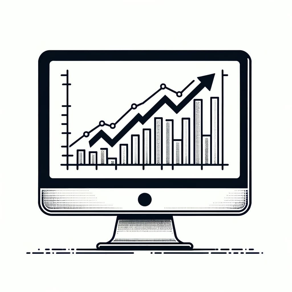 DALL·E 2024-02-28 15.21.32 - Create an image in a line drawing style, monochrome, featuring a large monitor displaying a bar chart with an upward trend, symbolizing financial grow.jpg