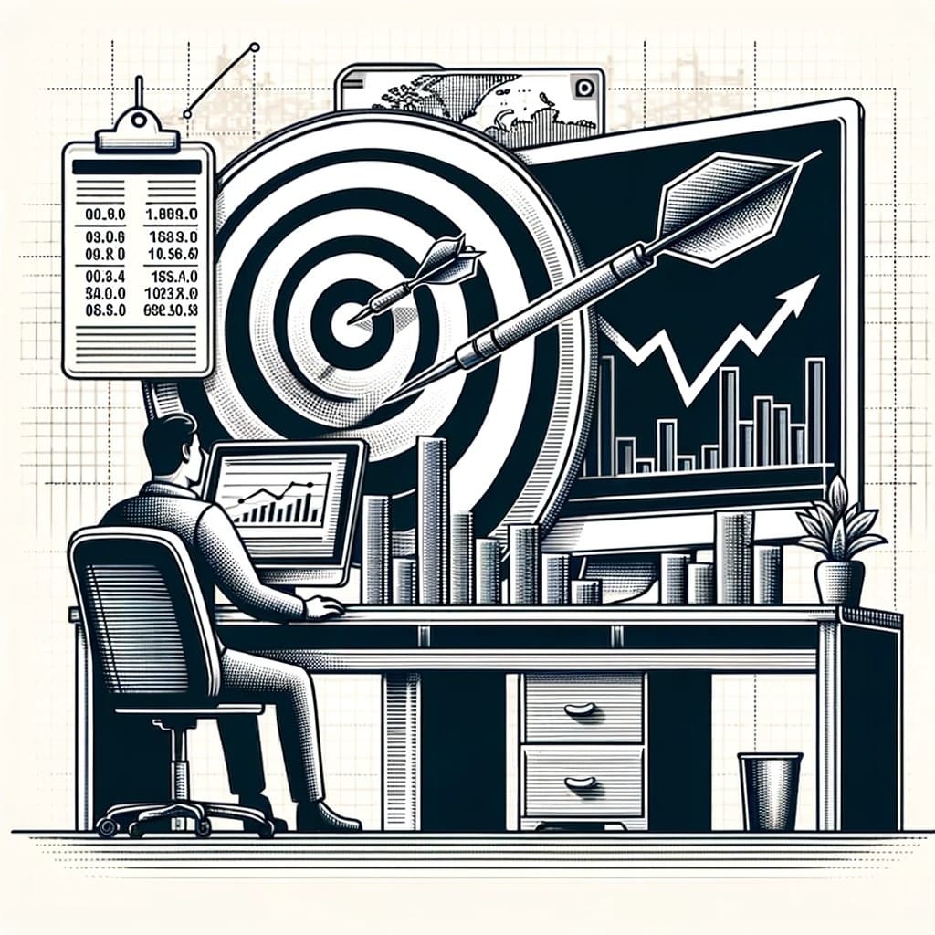 DALL·E 2024-02-28 16.53.14 - Create an image in a line drawing style, monochrome, that illustrates the concept of achieving an investment target. The image should feature an indiv.jpg