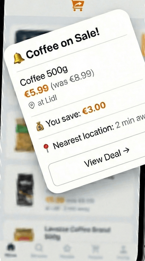 Sparzi mobile app shows discounted grocery prices from Lidl, Rewe, Edeka and Aldi in Munich with real-time savings.