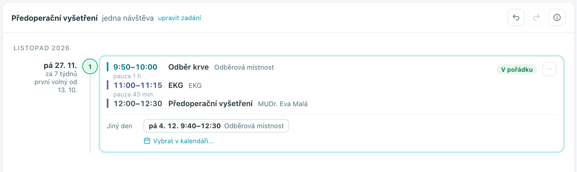 Předoperační vyšetření v jeden den: odběr krve, EKG a vyšetření u lékařky v různých kalendářích s pauzami mezi nimi