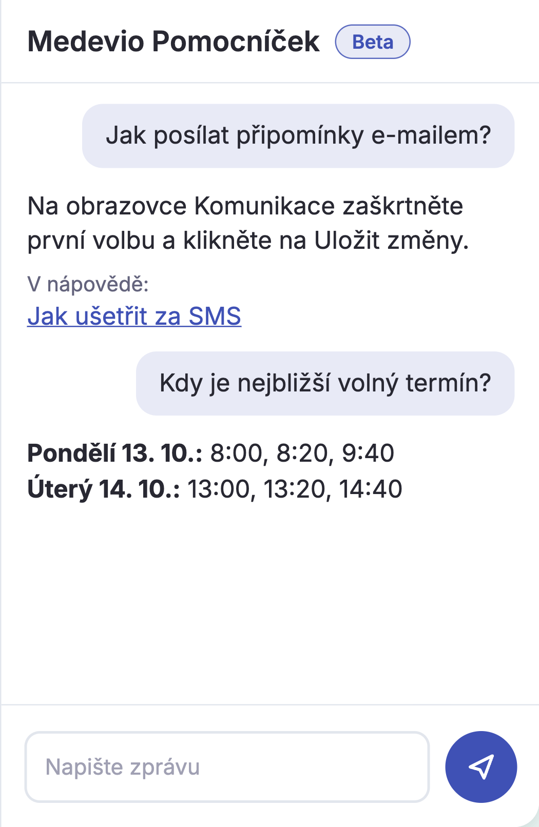 Odpověď Pomocníčka podle nápovědy s odkazem na článek a volné termíny v kalendáři