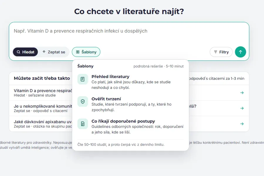 Šablony rešerší: Přehled literatury, Ověřit tvrzení a Co říkají doporučené postupy