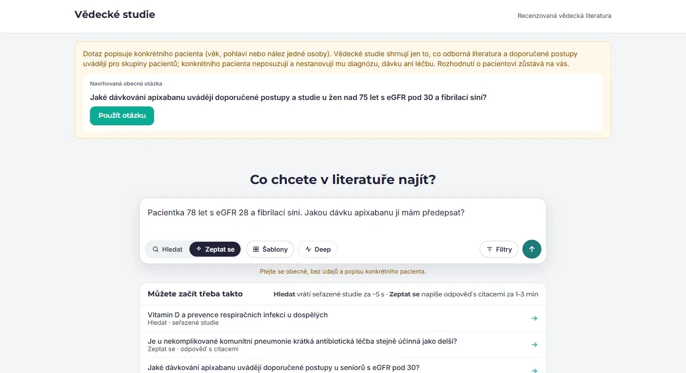 Fiktivní příklad otázky na konkrétní pacientku: Atlas nabídne obecnou otázku