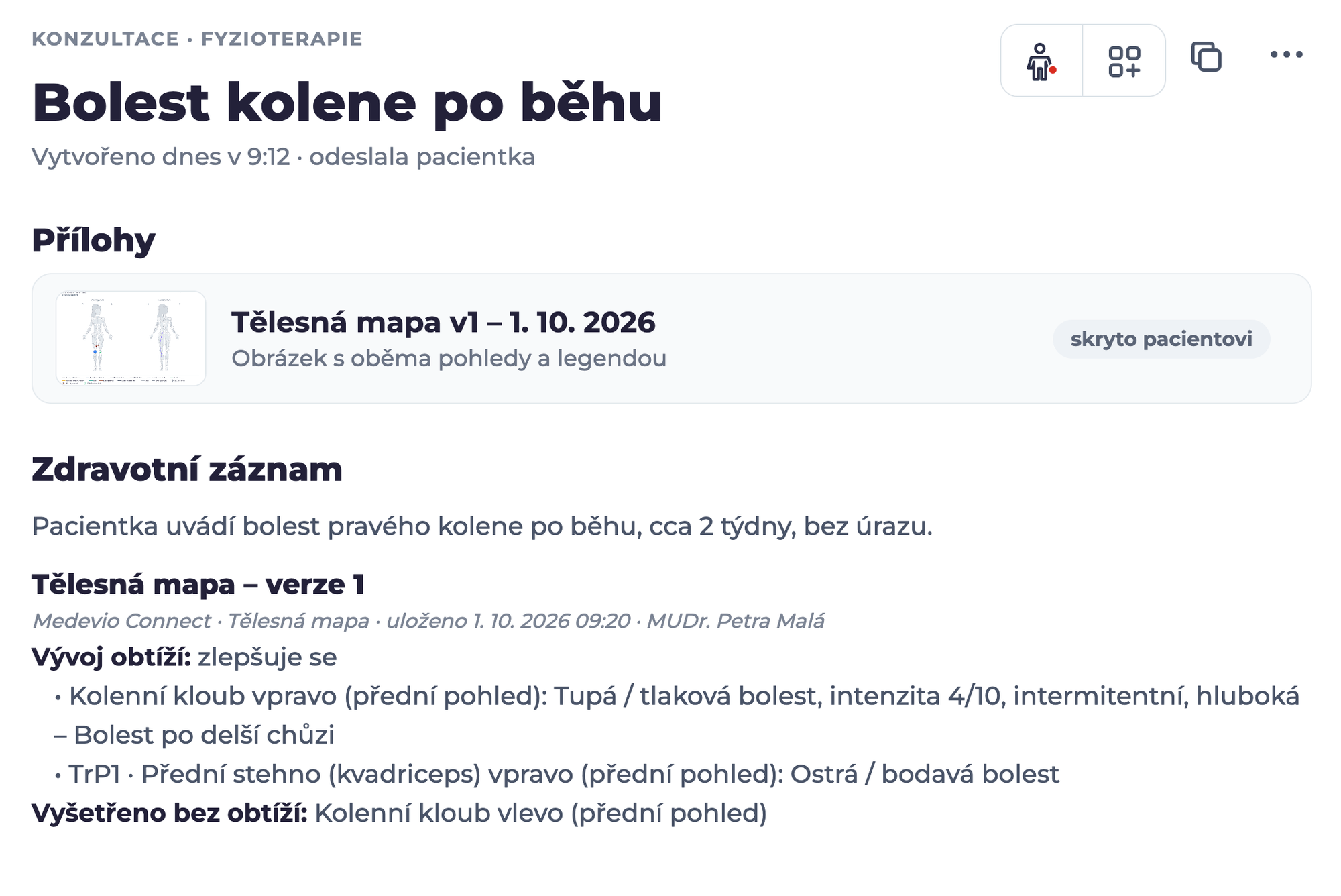 Požadavek v Medevio s přílohou Tělesná mapa v1 skrytou pacientovi a souhrnem mapy ve zdravotním záznamu