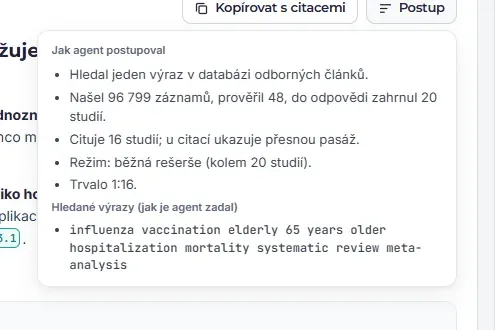 Postup rešerše: hledaný výraz, počet záznamů, prověřených a citovaných studií a čas