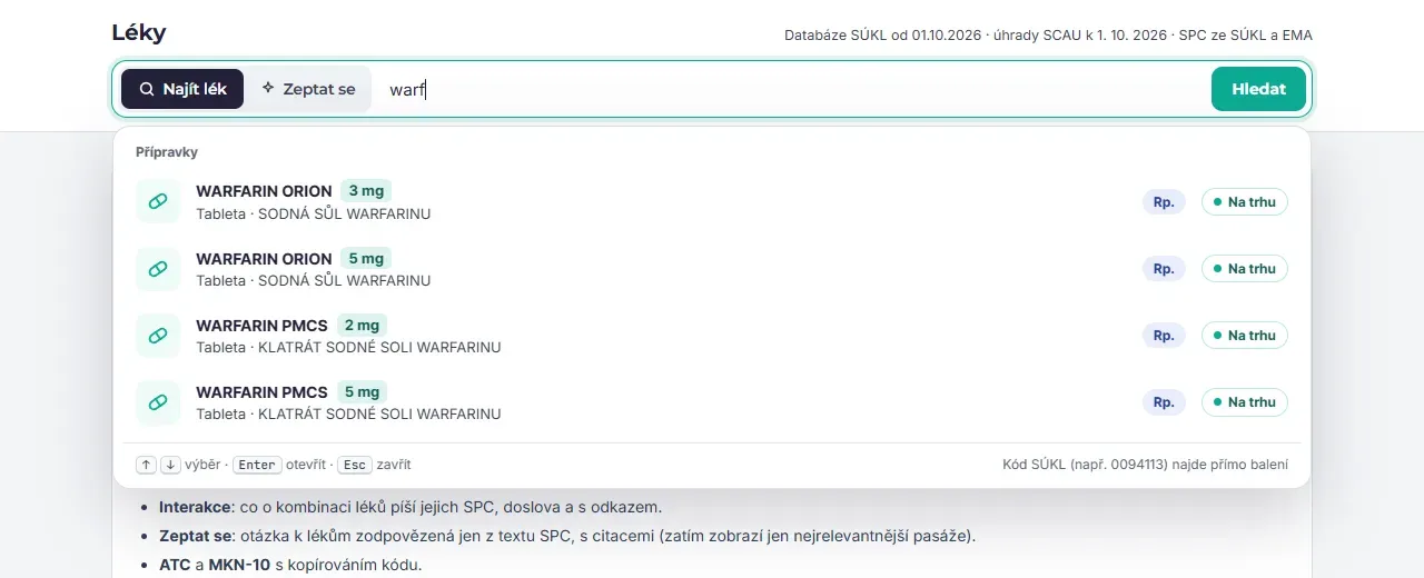 Hledání léků: nabídka přípravků Warfarin Orion a Warfarin PMCS po napsání warf